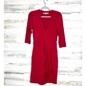 Trina Turk Womens 4 Red V-Neck Wrap Pleated 3/4 Sleeve Ruched Sheath Midi Dress